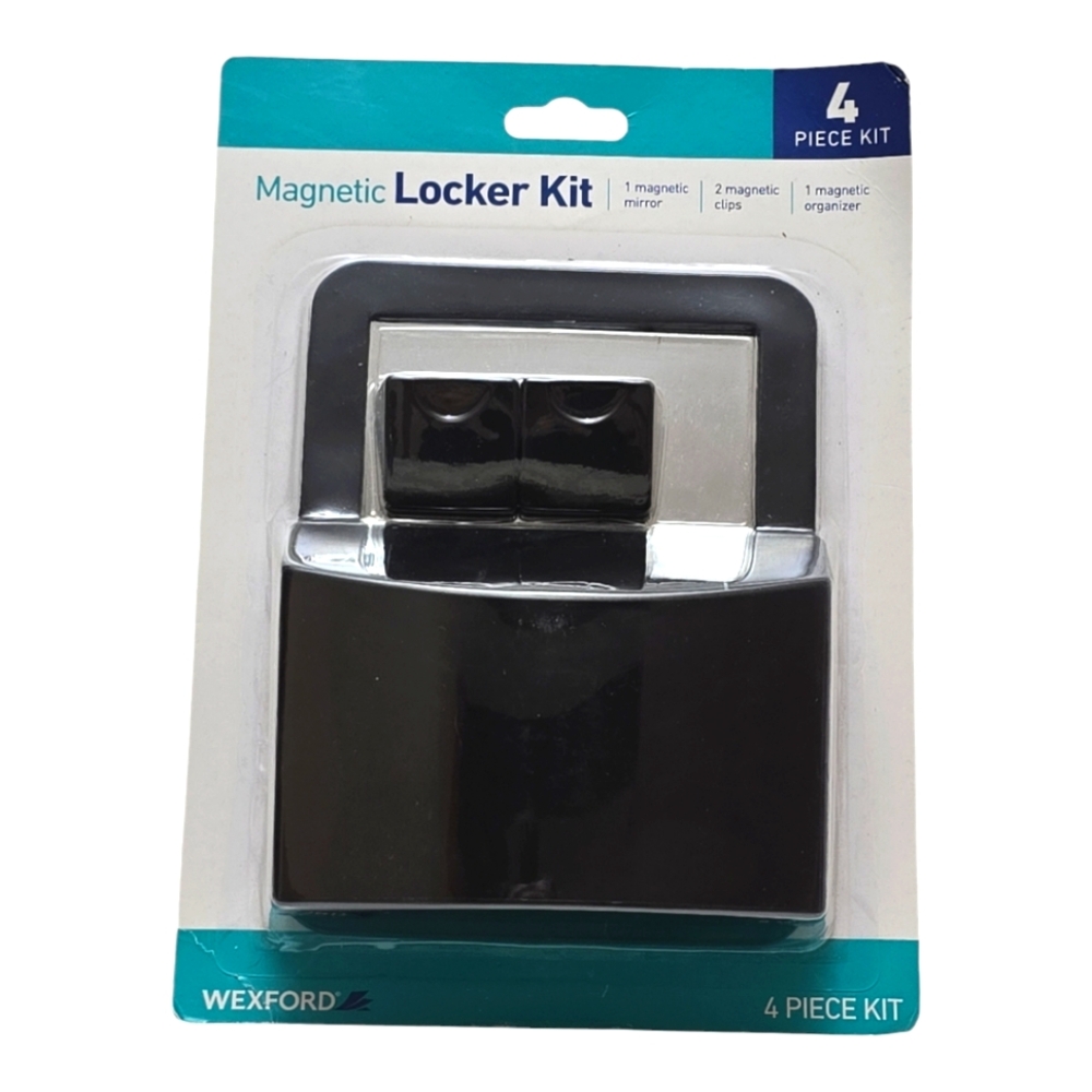 New Black Wexford 4pc Locker Kit Magnetic Organizer Mirror 2 Clips Home Office